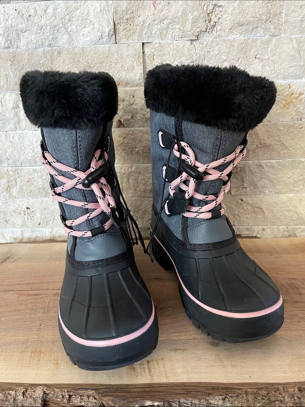 Girls Waterproof Winter Boots with Pink Trim